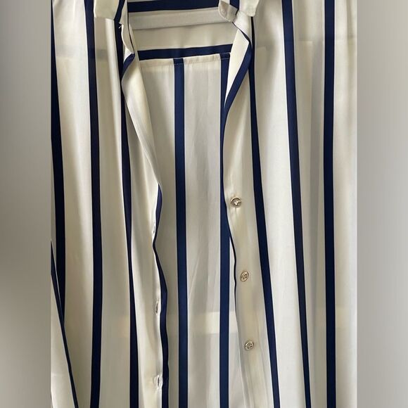 NWT Satin Effect Shirt ~ Navy Blue and Ivory Striped - Picture 5 of 14
